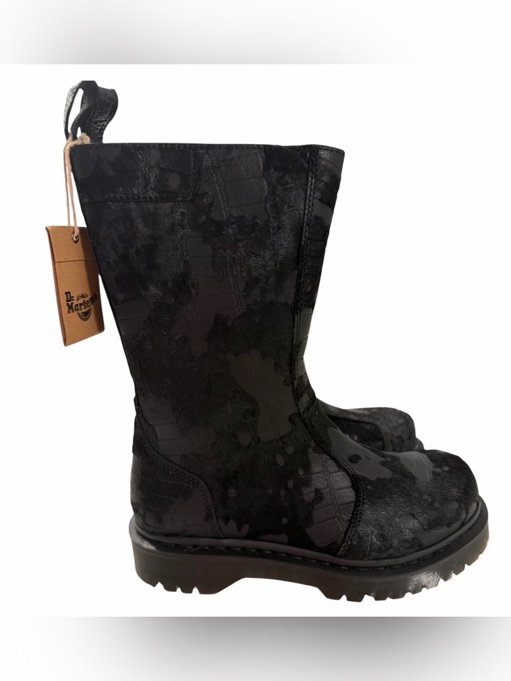 Dr. Martens Rejena Black Leather Hair On Croc Mid Calf Boots Size 8 NWT